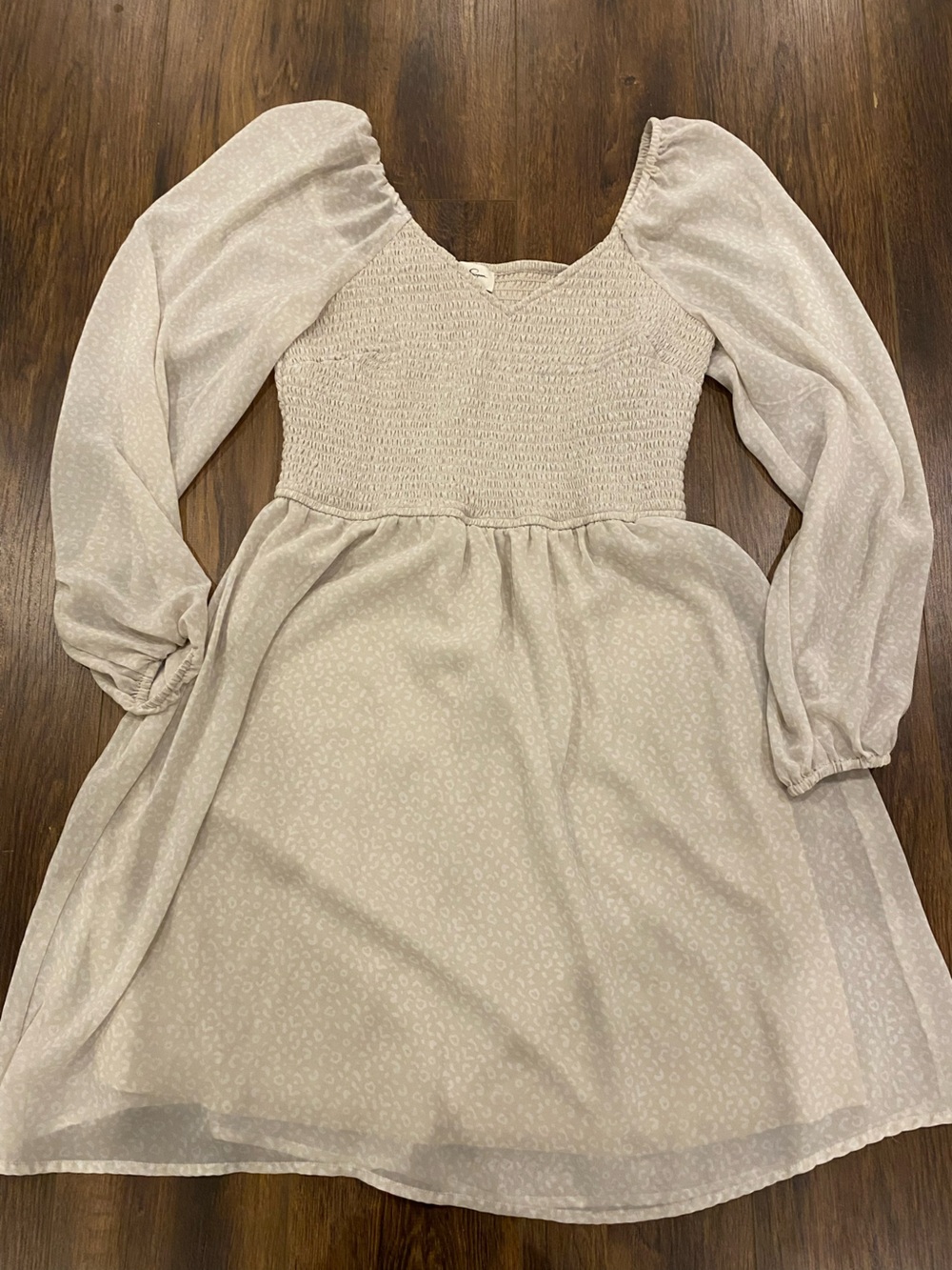 Smocked bodice long sleeve chiffon dress animal print